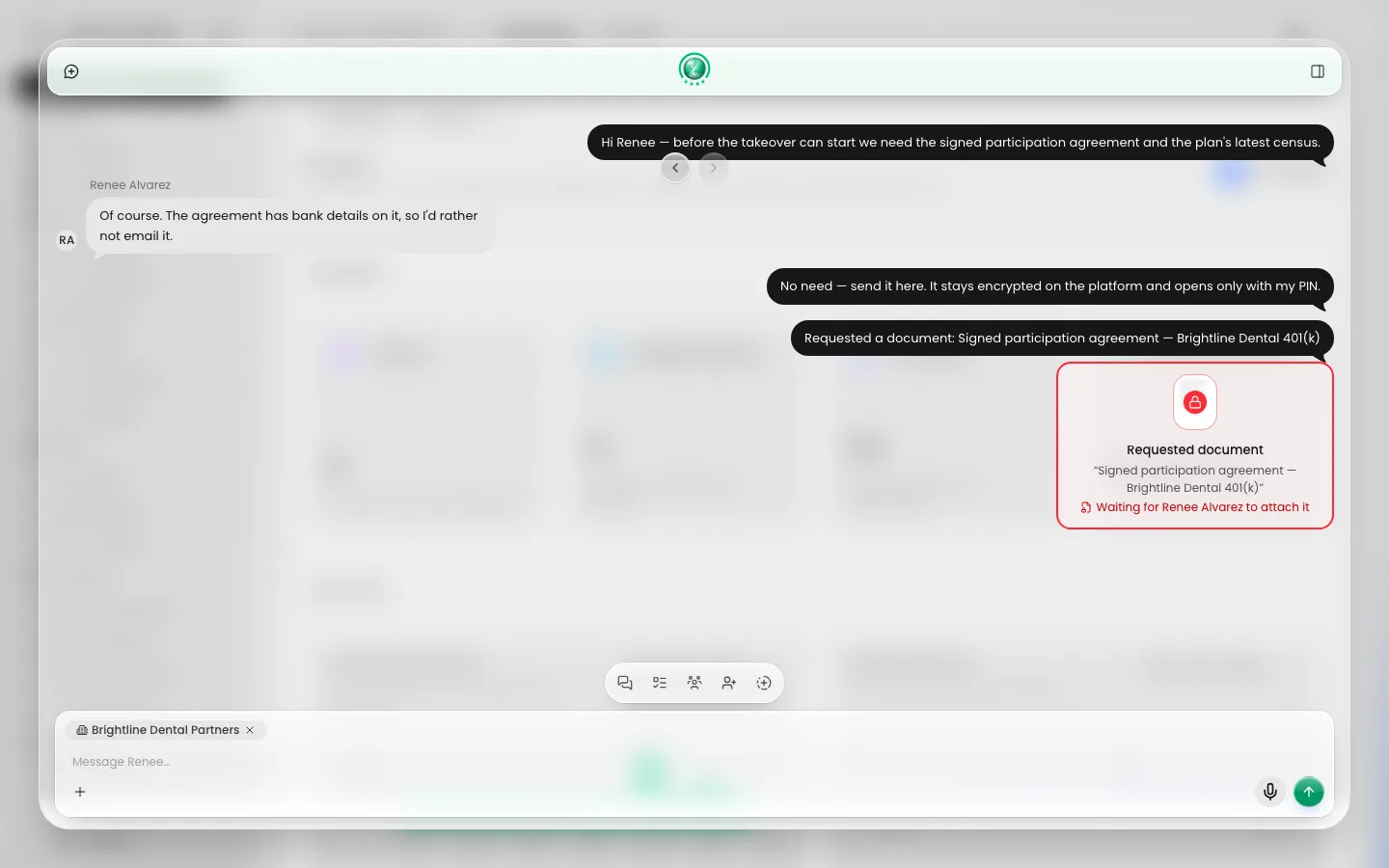 Encrypted file sharing so data never leaves the platform. Protected, traceable and auditable.